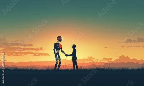 Wallpaper Mural A humanoid robot shakes hands with a child against a vibrant sunset backdrop. Torontodigital.ca