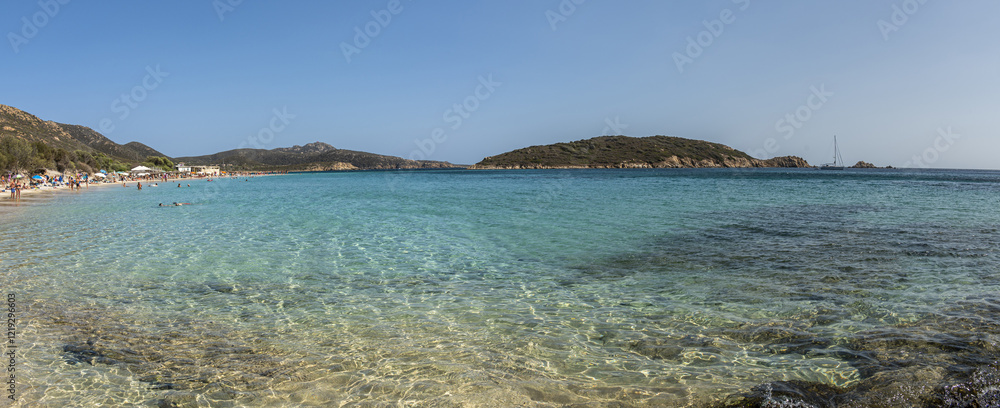 Aerial view of Tuerredda bay with the beach of fine sand and transparent blue and turquoise water