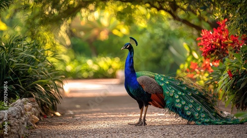 Wallpaper Mural A beautiful peacock walking through a garden, with its colorful tail feathers fanned out Torontodigital.ca