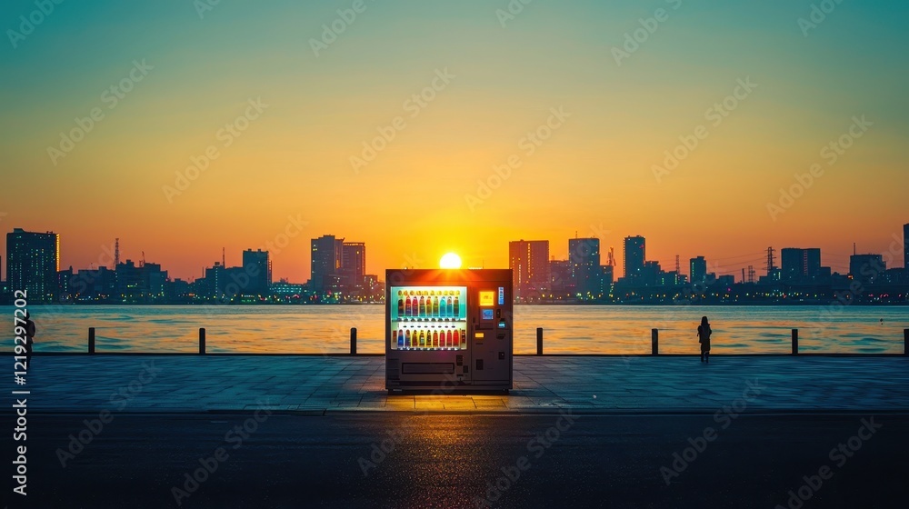 Fototapeta premium Vending machine silhouetted against a sunset over a city waterfront. PM2.5 concept