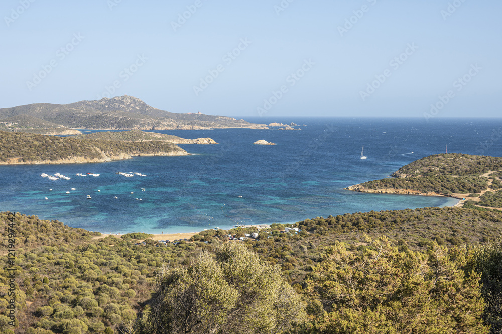 Aerial view of the Malfatano Gulf in the south of Sardinia with many beautiful beaches and blue and turquoise water
