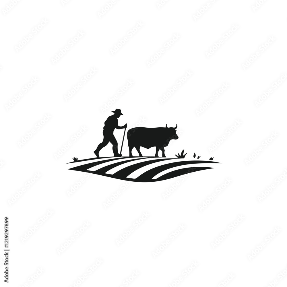 Silhouette of a farmer plowing the field with oxen on a white background