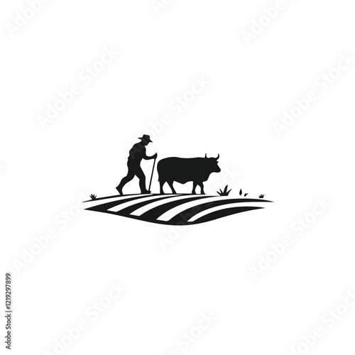 Obraz na płótnie Silhouette of a farmer plowing the field with oxen on a white background w salonie