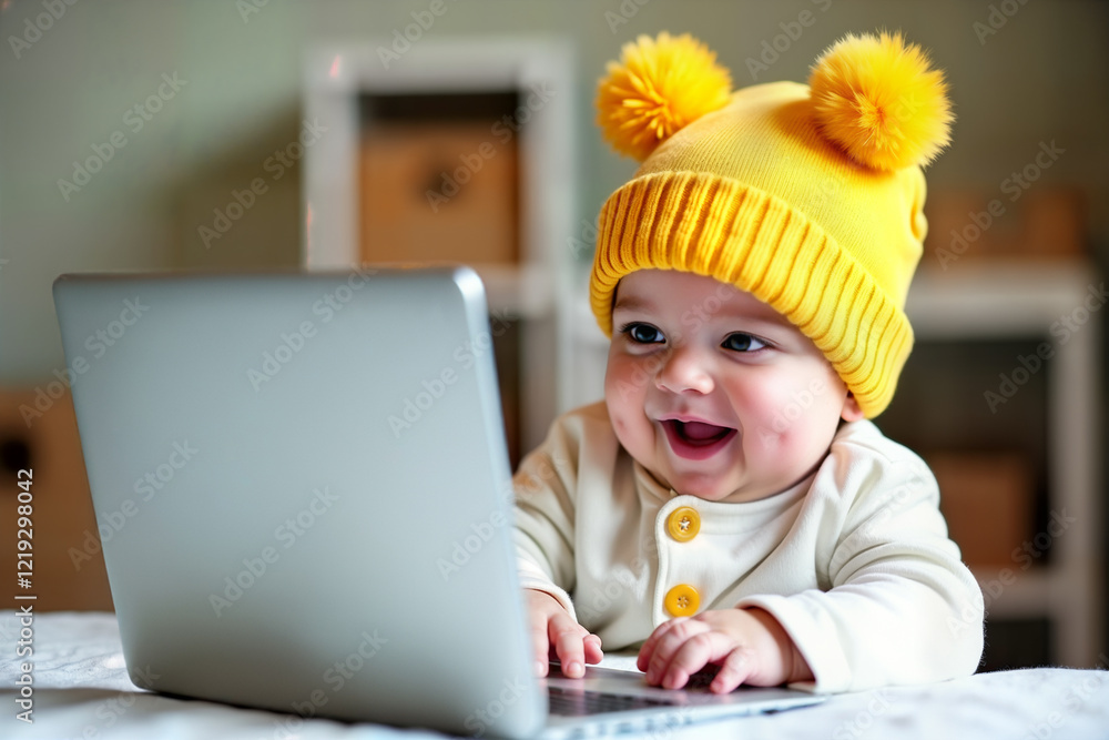 Cute baby wearing white snapsuit and yellow cap looks at the laptop monitor. Concept of World Computer Day. Cute baby wearing white snapsuit and yellow cap looks at the laptop monitor. Concept of World Computer Day.