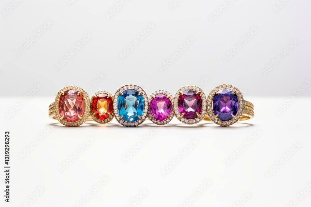 Gold rings with colorful gemstones creating a gradient of colors, from pink to purple Gold rings with colorful gemstones creating a gradient of colors, from pink to purple