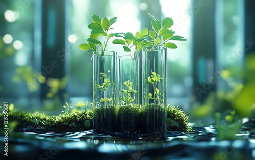 A detailed 3D render of a laboratory test tube with genetically modified plants photo