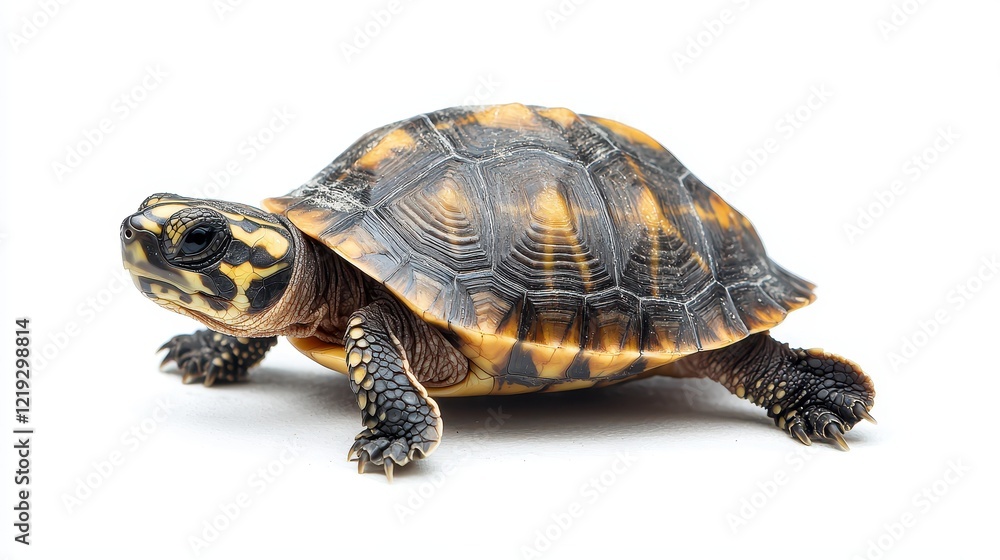 Obraz premium A baby turtle crawling across the sandy beach toward the ocean, on a white isolated background