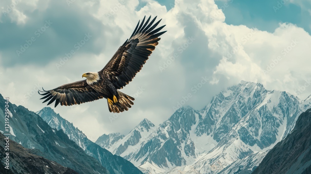 Fototapeta premium A majestic eagle soaring high above the mountains, with its sharp wings cutting through the air,