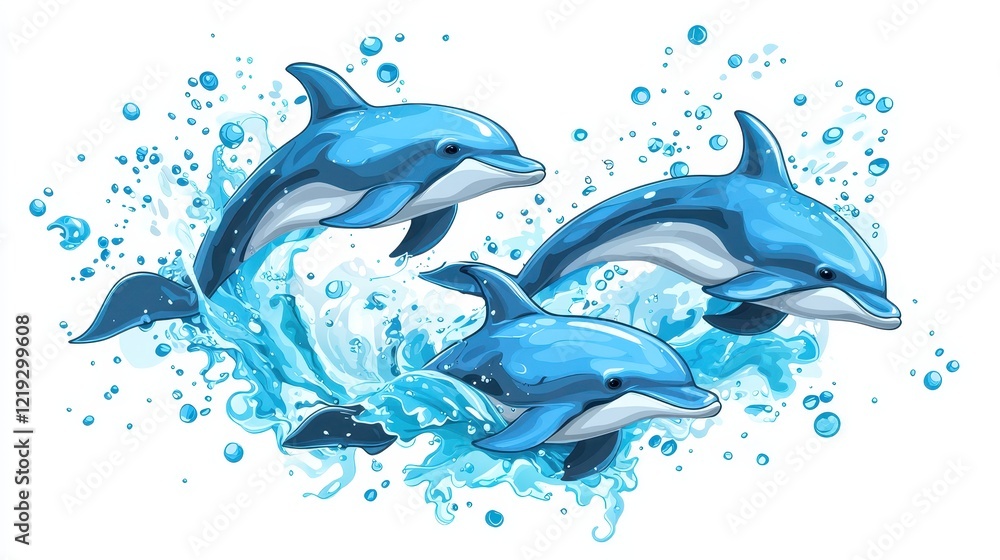 A group of dolphins swimming in a pod, with splashes of water all around, on a white isolated background A group of dolphins swimming in a pod, with splashes of water all around, on a white isolated background
