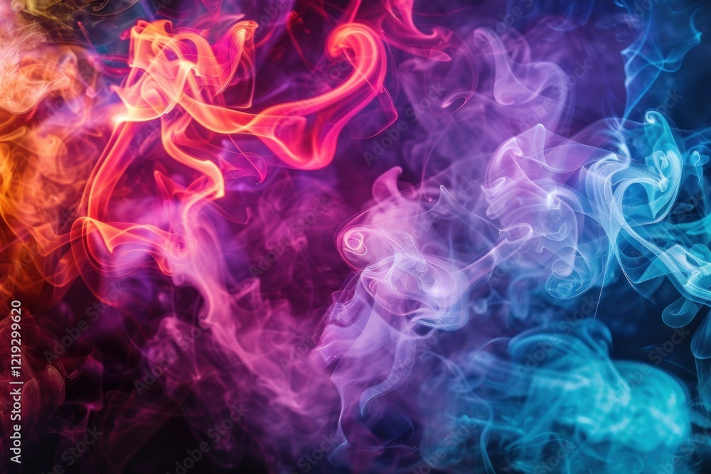 Fototapeta premium Colorful smoke abstract background forming fantastic swirling and wavy shapes on dark background