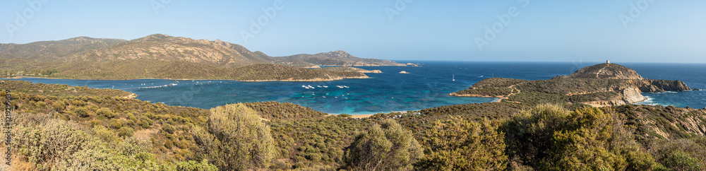 Aerial view of the Malfatano Gulf in the south of Sardinia with many beautiful beaches and blue and turquoise water