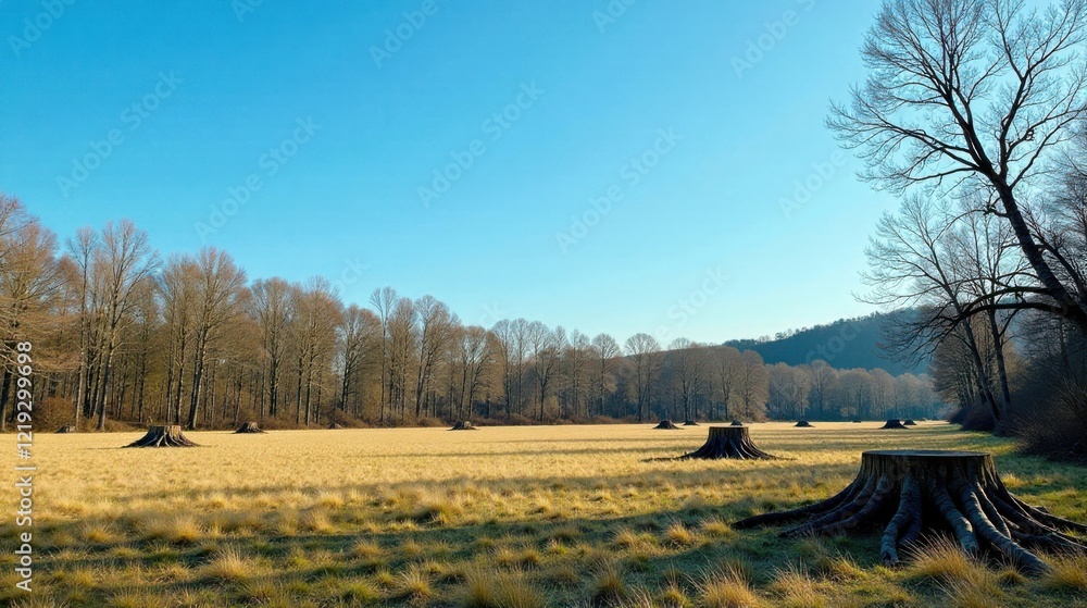 Fototapeta premium Serene Winter Landscape Featuring Several Tree Stumps in a Golden Field Under a Clear Blue Sky