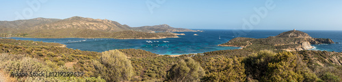 Obraz na płótnie Aerial view of the Malfatano Gulf in the south of Sardinia with many beautiful beaches and blue and turquoise water w salonie
