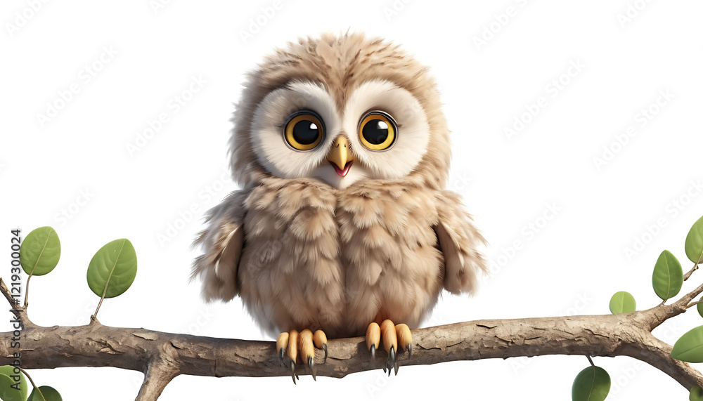 Fototapeta premium Adorable Baby Owl on Branch 3D Render