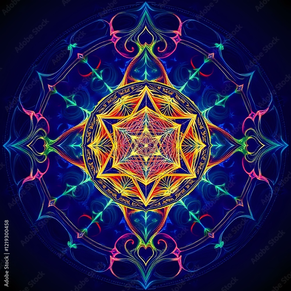 Fototapeta premium Sacred Geometry Symmetry - Vibrant Metatrons Cube Abstract Art