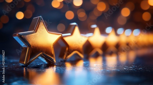 Five glowing gold stars on dark background, representing top quality, excellence, and success.