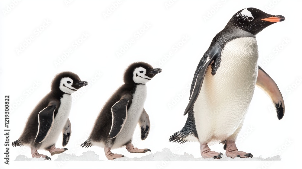 Obraz premium A family of penguins waddling across the ice, with the parents leading the way, on a white isolated background