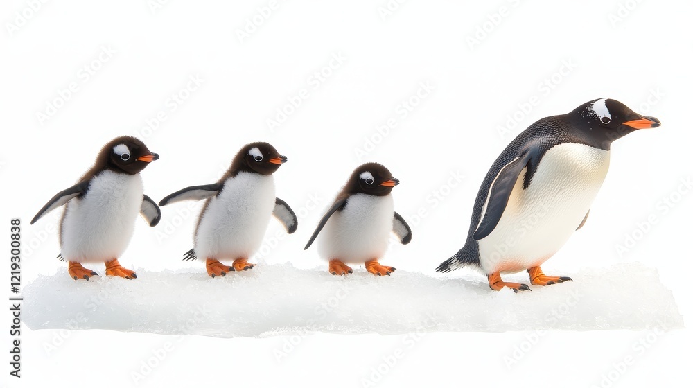 Obraz premium A family of penguins waddling across the ice, with the parents leading the way, on a white isolated background