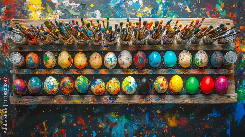 Fototapeta premium variety of painted eggs drying on a wooden rack, surrounded by brushes, paint jars, and a colorful mess