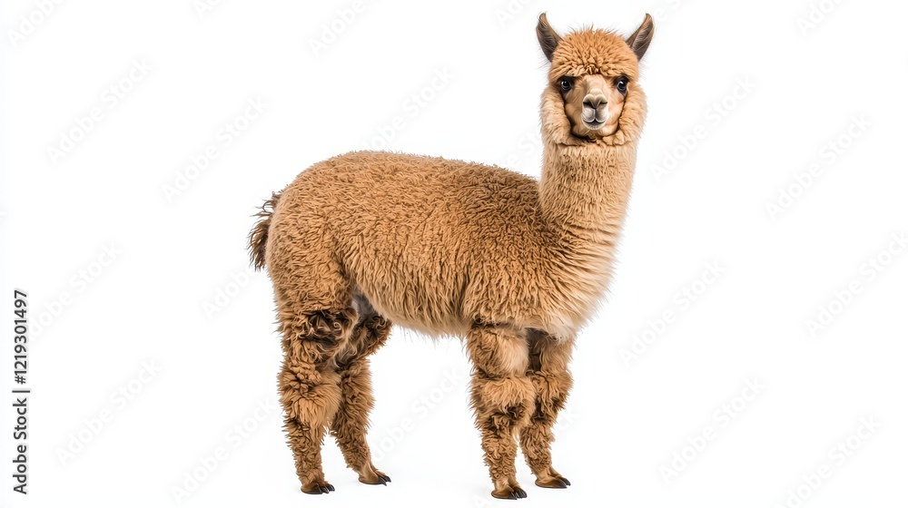 Fototapeta premium A cute alpaca with a fluffy coat standing in a meadow, looking directly at the camera, on a white isolated background