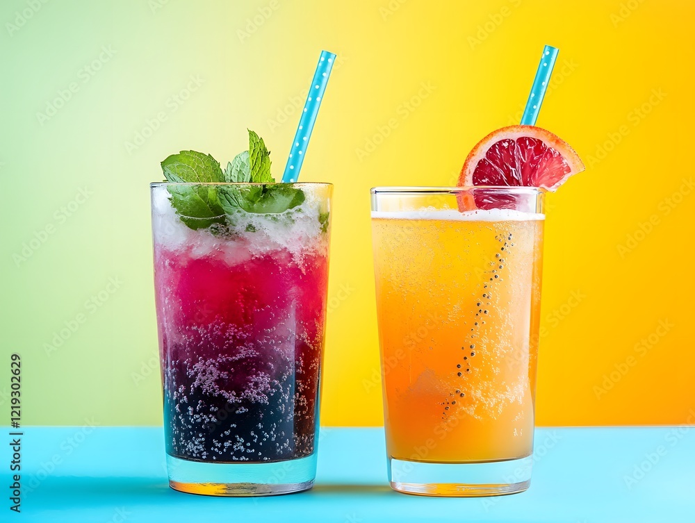 Refreshing Summer Cocktails with Mint and Citrus on a Colorful Gradient Background Perfect for Party or Social Gatherings Refreshing Summer Cocktails with Mint and Citrus on a Colorful Gradient Background Perfect for Party or Social Gatherings