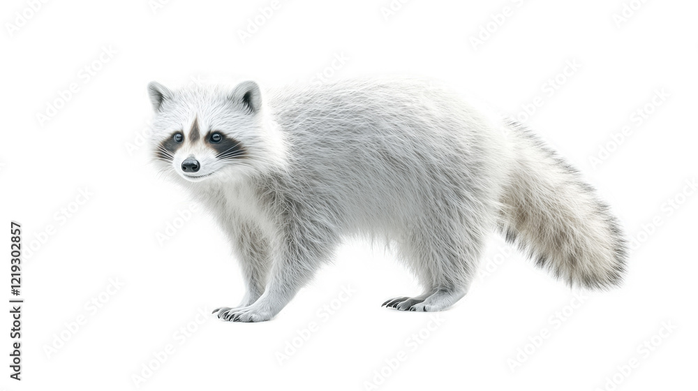 Obraz premium White raccoon standing on a transparent background showcasing its fluffy fur and distinct facial markings, perfect for wildlife and nature-themed projects or illustrations.
