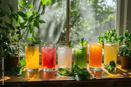 Refreshing Colorful Cocktails on a Sunny Windowsill
