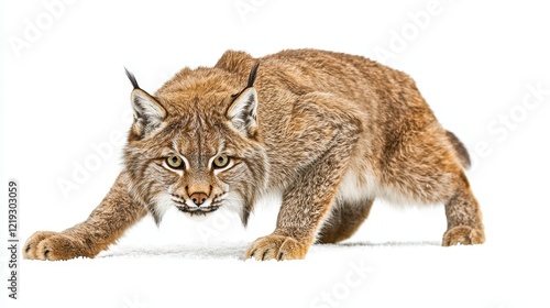 A lynx crouching in the snow, with its sharp eyes focused ahead, on a white isolated background photo