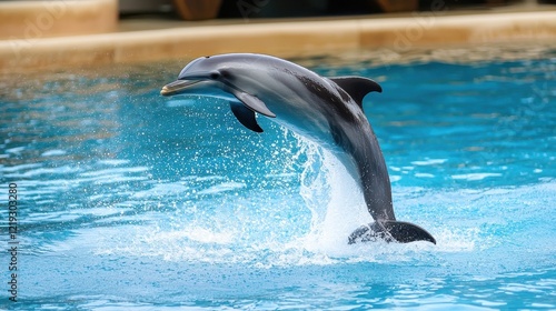 A playful dolphin leaping out of the water, with its body arching in mid-air, photo