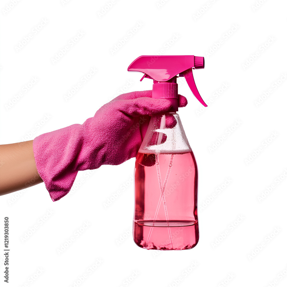 Hand in pink glove holding a pink spray bottle filled with cleaning solution. Ready to clean! Hand in pink glove holding a pink spray bottle filled with cleaning solution. Ready to clean!