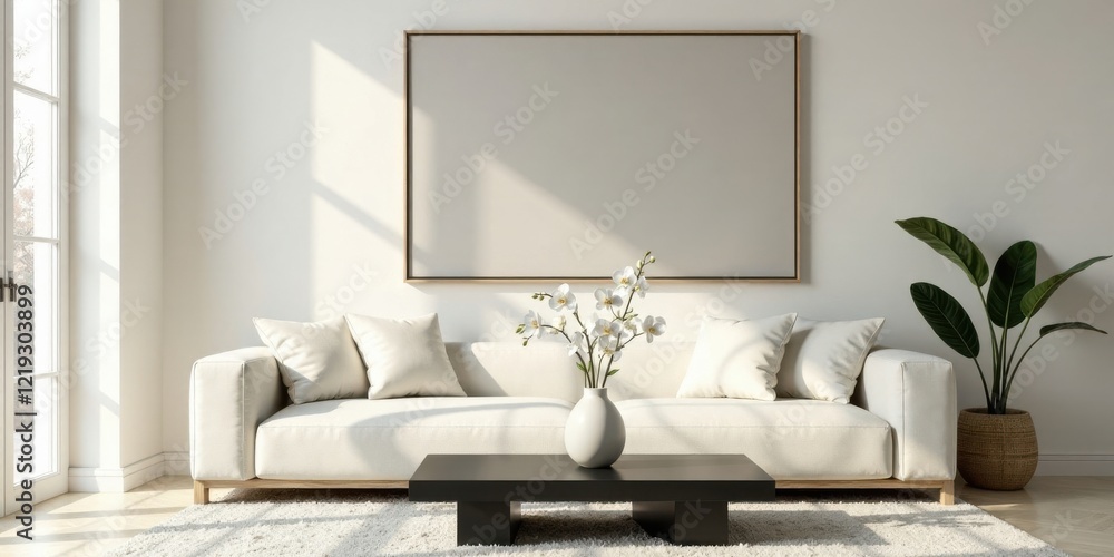 Serene Minimalist Living Room Design Featuring a Large Blank Canvas Above a Comfortable Off-White Sofa and Stylish Coffee Table Serene Minimalist Living Room Design Featuring a Large Blank Canvas Above a Comfortable Off-White Sofa and Stylish Coffee Table