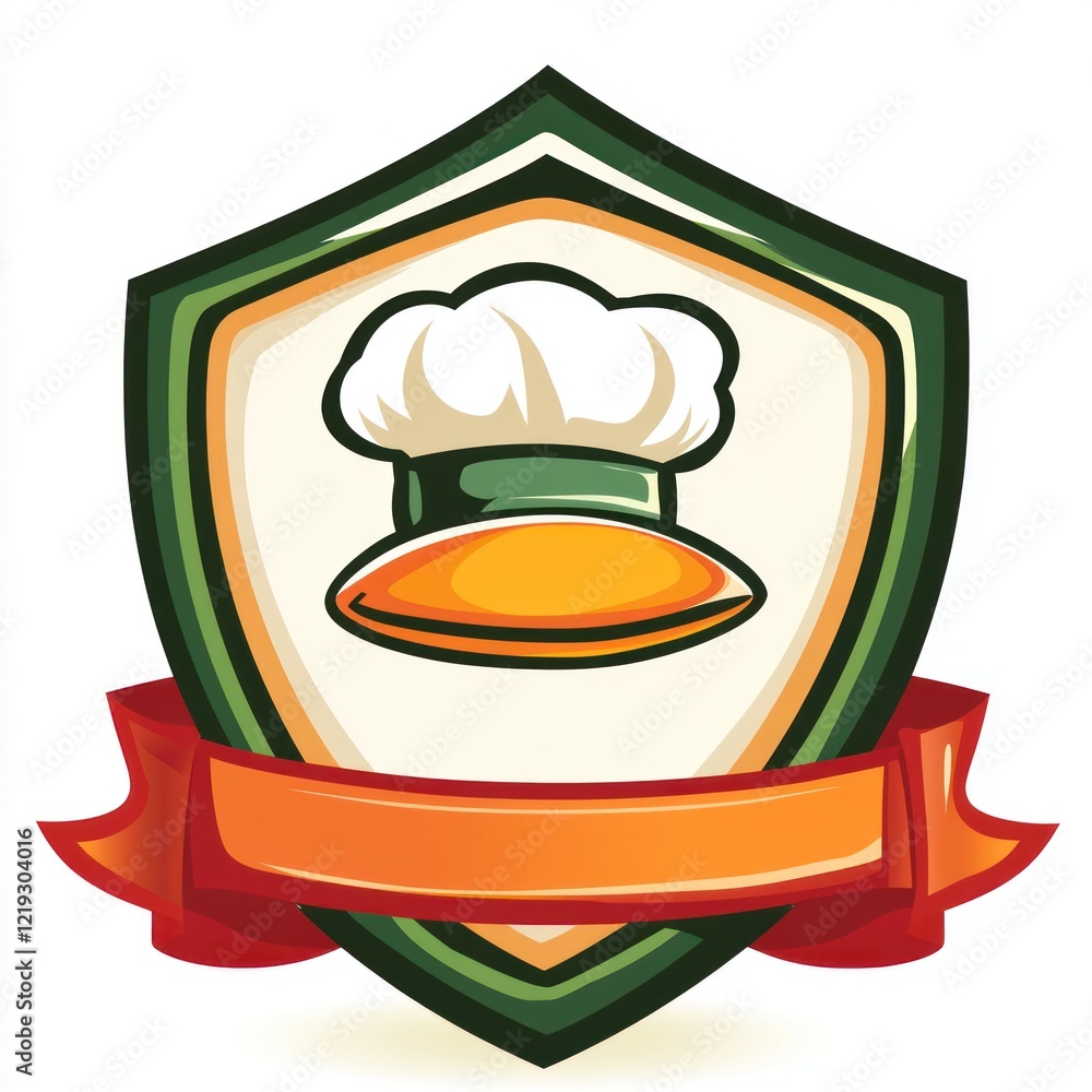 Chef hat inside crest, ribbon below, food industry symbol, for restaurant menu Chef hat inside crest, ribbon below, food industry symbol, for restaurant menu