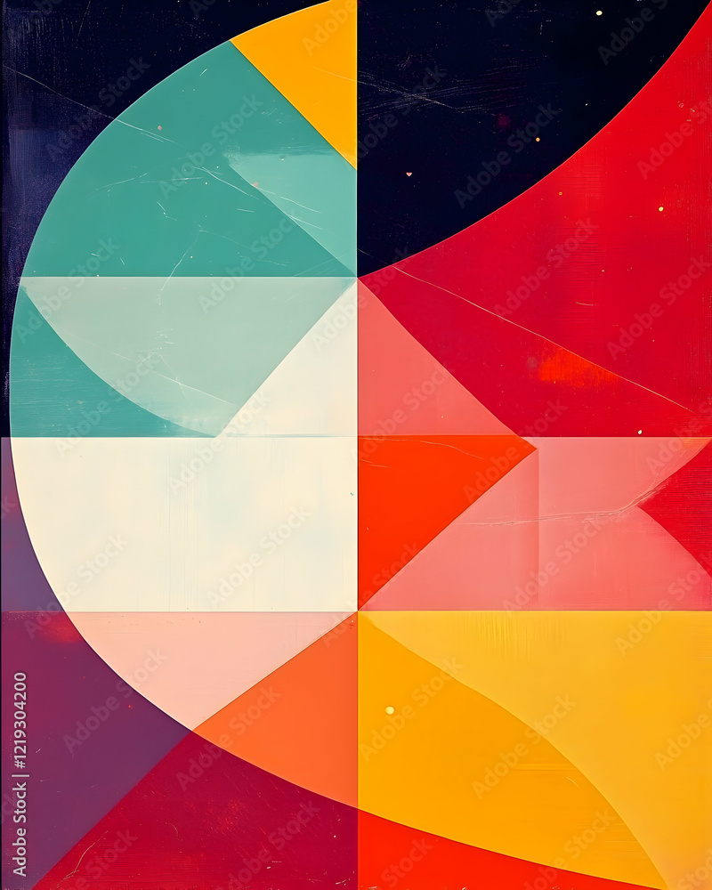Fototapeta premium Abstract geometric art; colorful shapes, curves, and angles; textured background; suitable for modern design