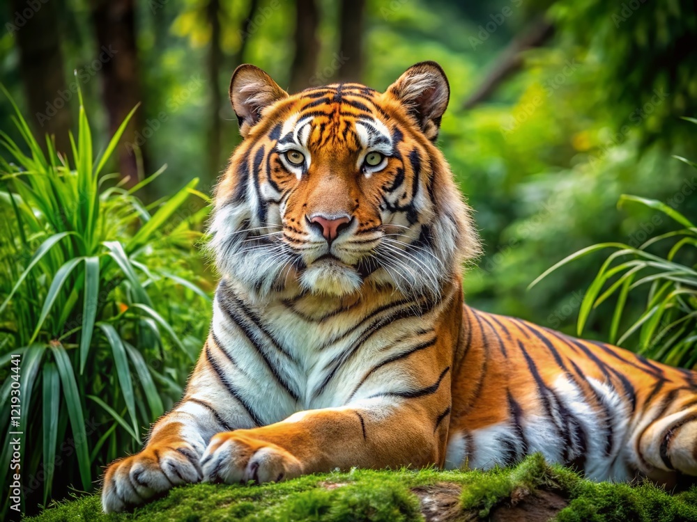 Relaxed Bengal Tiger, Showing Fang, Bright Eye, Summer 2024 Relaxed Bengal Tiger, Showing Fang, Bright Eye, Summer 2024
