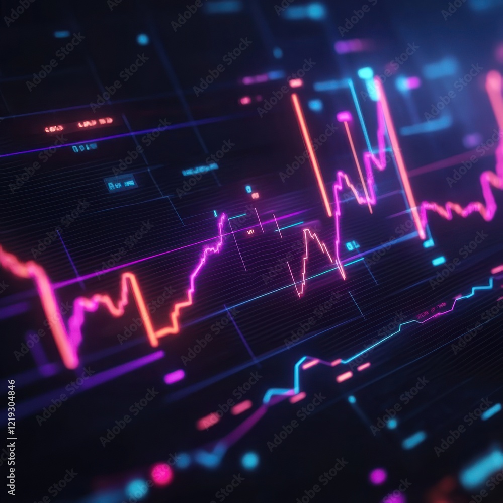 Digital stock market data visualization showcasing trends and fluctuations in real time over dark backdrop Digital stock market data visualization showcasing trends and fluctuations in real time over dark backdrop