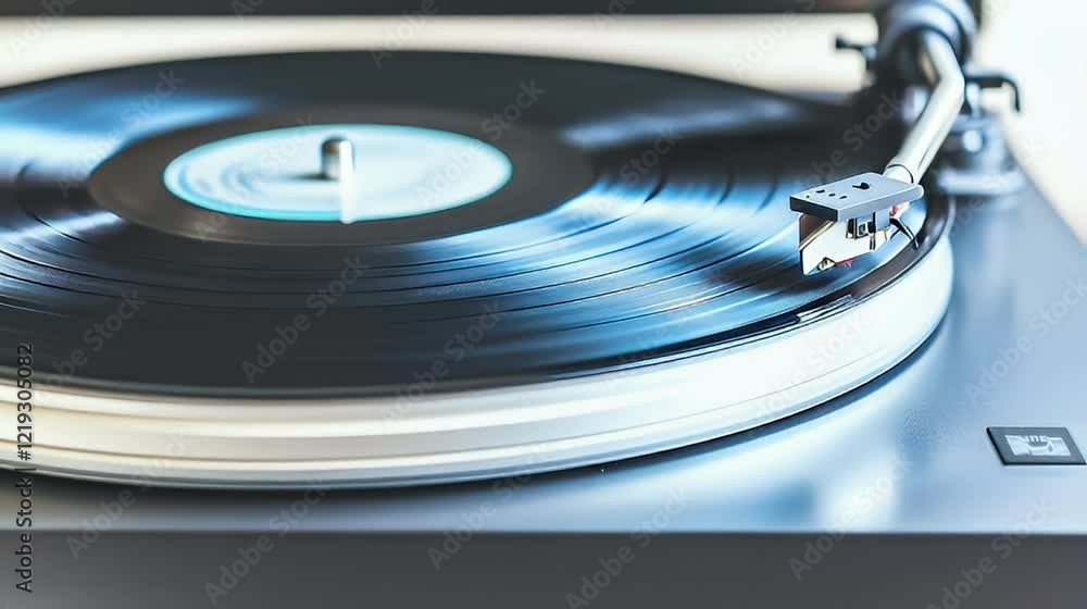 Vinyl record playing on turntable, close-up, music, home entertainment Vinyl record playing on turntable, close-up, music, home entertainment