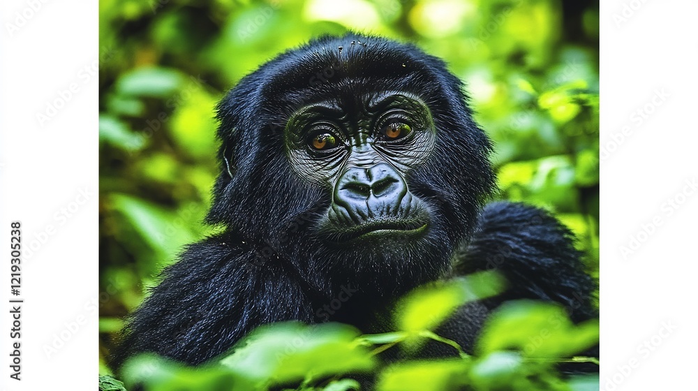 A mountain gorilla sitting peacefully in dense greenery in its natural habitat A mountain gorilla sitting peacefully in dense greenery in its natural habitat