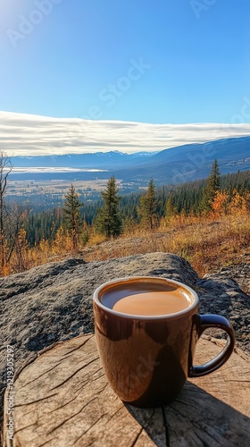 A vibrant coffee break on a scenic mountaintop in Merritt, British Columbia, featuring a solo traveler. photo