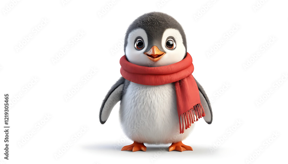 Obraz premium Adorable Baby Penguin Wearing Red Scarf 3D Render