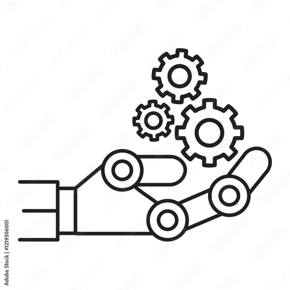 Robotic hand holding mechanical gears representing automation, innovation, manufacturing, and industrial technology. Robotic hand holding mechanical gears representing automation, innovation, manufacturing, and industrial technology.