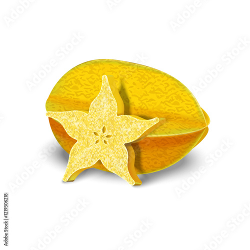 Ripe averrhoa carambola star fruit realistic 3d vector isolated on white background, vibrant tropical fruit food illustration, exotic cuisine designs. photo