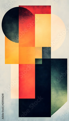 Abstract geometric art; overlapping shapes, warm colors; textured background; design element