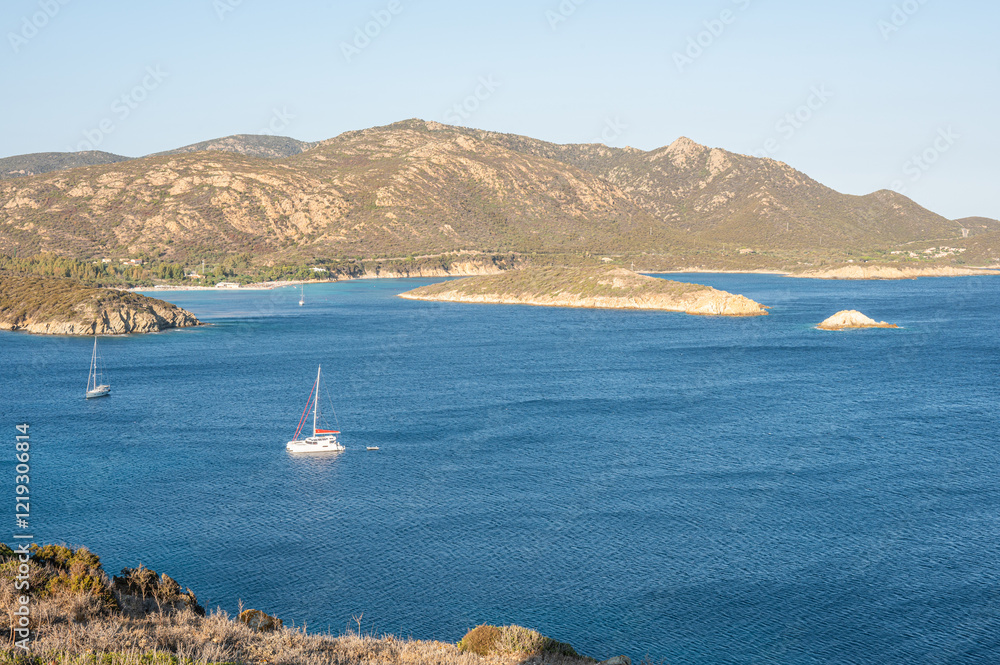 Aerial view of the Malfatano Gulf in the south of Sardinia with many beautiful beaches and blue and turquoise water