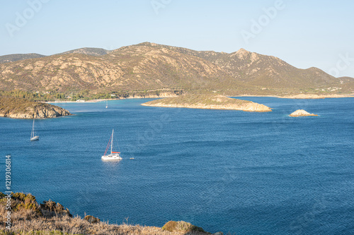 Obraz na płótnie Aerial view of the Malfatano Gulf in the south of Sardinia with many beautiful beaches and blue and turquoise water w salonie