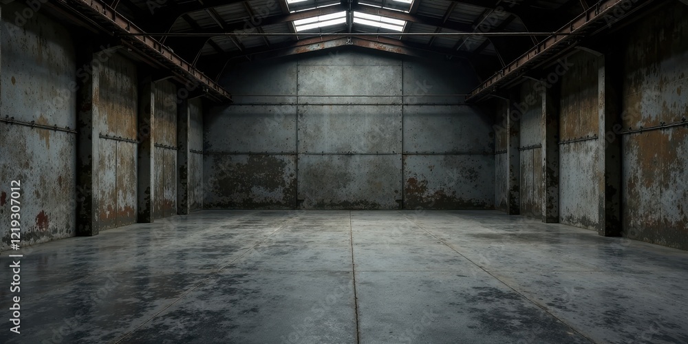 Vast Empty Industrial Space Weathered Walls, Metal Beams, and a Concrete Floor Vast Empty Industrial Space Weathered Walls, Metal Beams, and a Concrete Floor