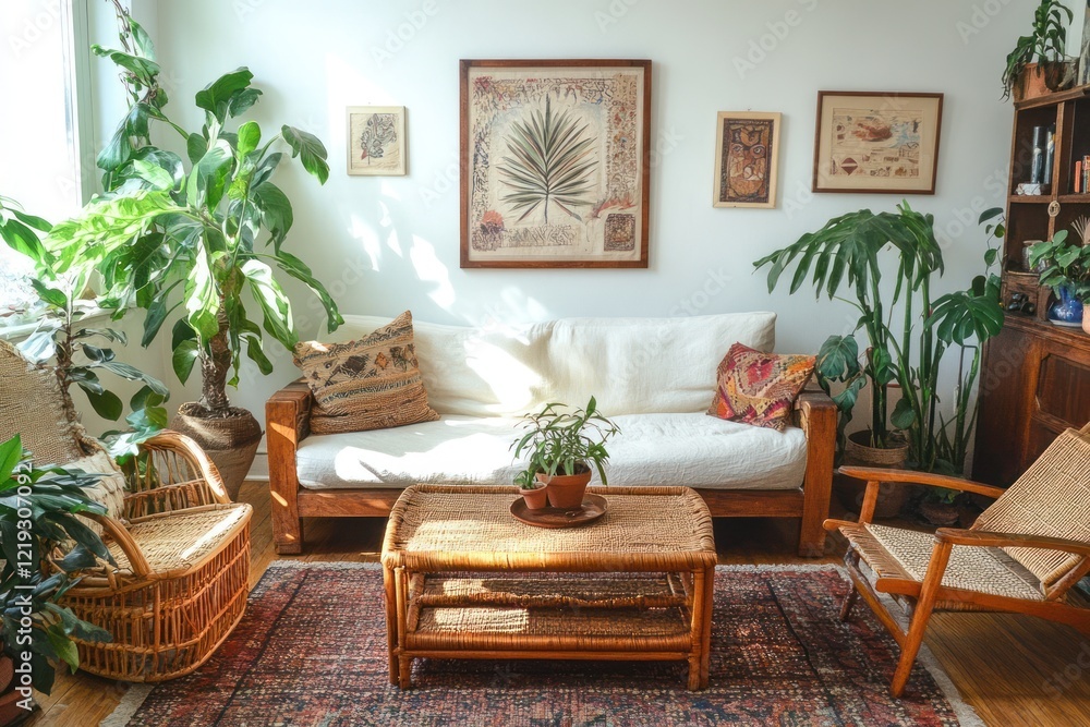 custom made wallpaper toronto digitalSunlit living room, plants, vintage furniture, bohemian decor, home interior design