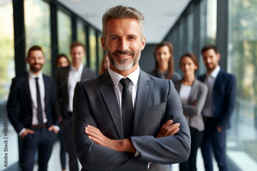 Successful businessman smiling with crossed arms, leading a diverse team of professionals in a corporate setting Successful businessman smiling with crossed arms, leading a diverse team of professionals in a corporate setting
