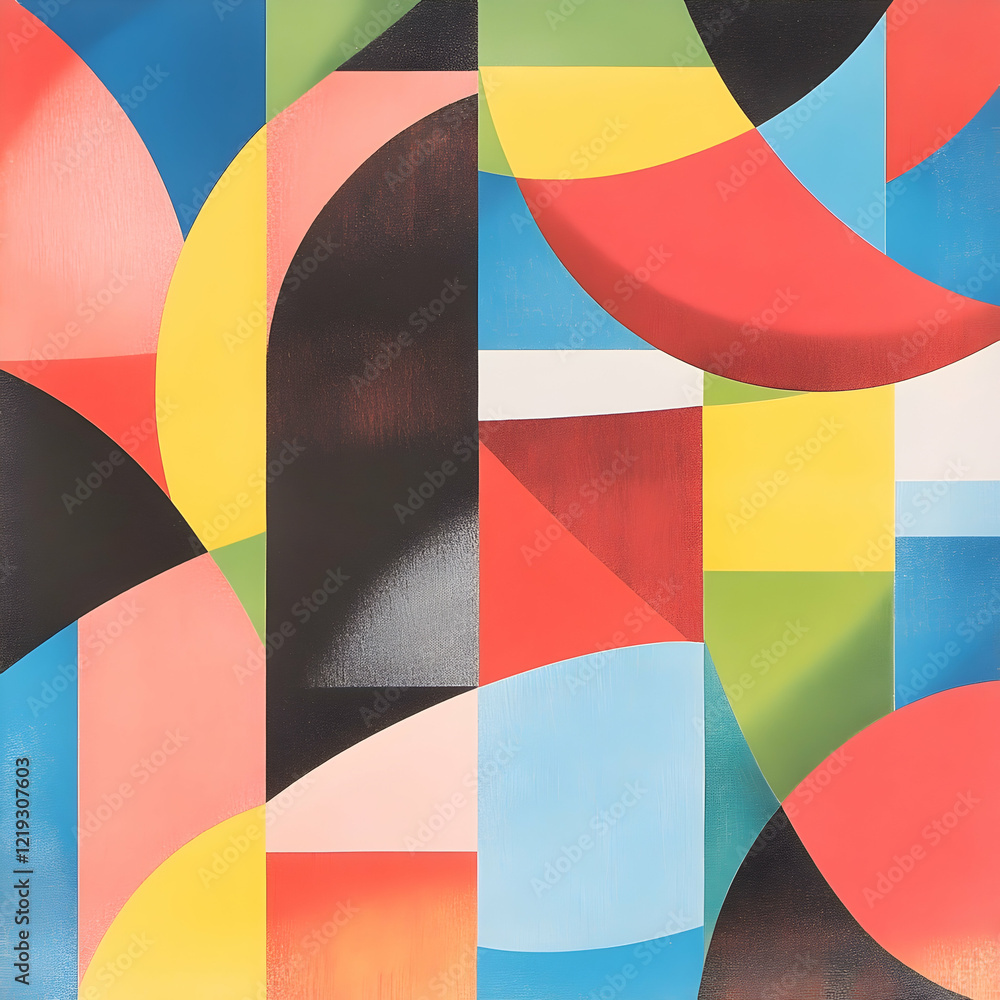 Obraz premium Abstract geometric art; vibrant colors, curved shapes, and contrasting elements; background is a continuation of the pattern; use website banner, print design