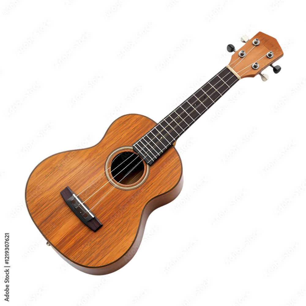 Naklejka premium Beautiful Wooden Ukulele Musical Instrument Brown Wood Guitar art joy fun song tune folk chord sound