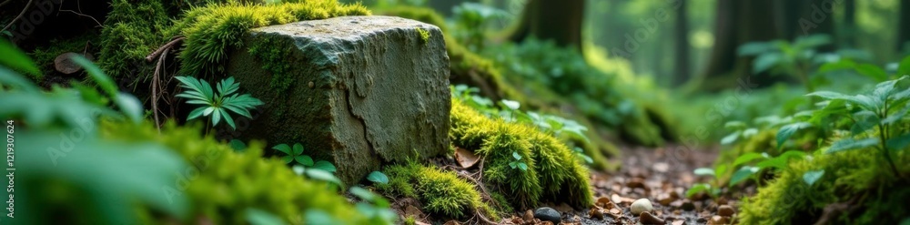 Ancient stone partially hidden by thick moss and ferns, forest floor, greenery, thick moss Ancient stone partially hidden by thick moss and ferns, forest floor, greenery, thick moss